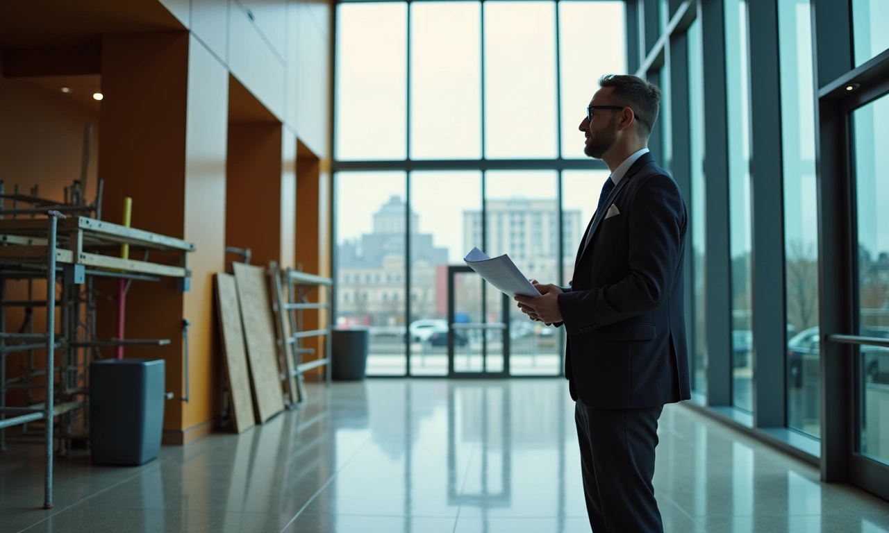 A commercial property owner standing in an empty mid-rise office building lobby holding a bank maturity notice letter, a folded For Sale sign leaning against the wall