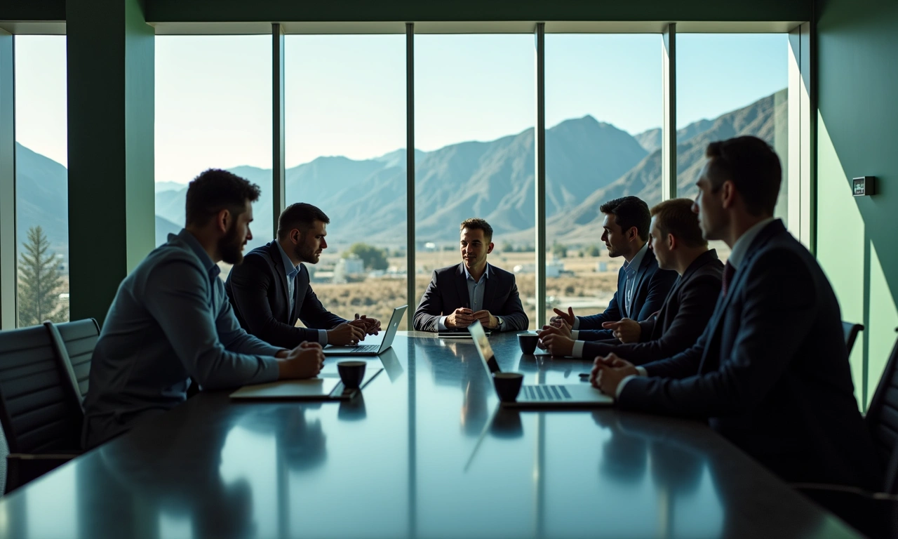 Diverse professional business owners collaborating in modern Salt Lake City office with Wasatch mountain view