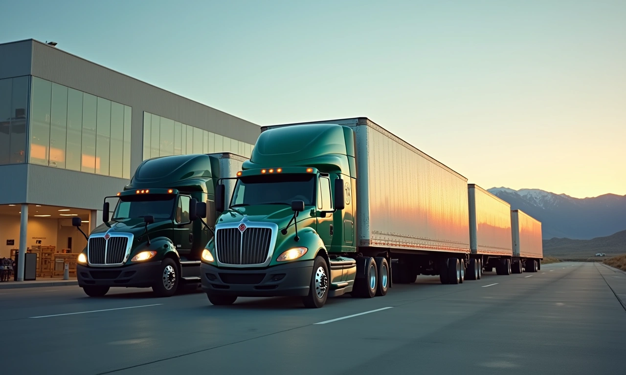 Commercial trucking fleet at North Salt Lake Utah logistics depot at dawn