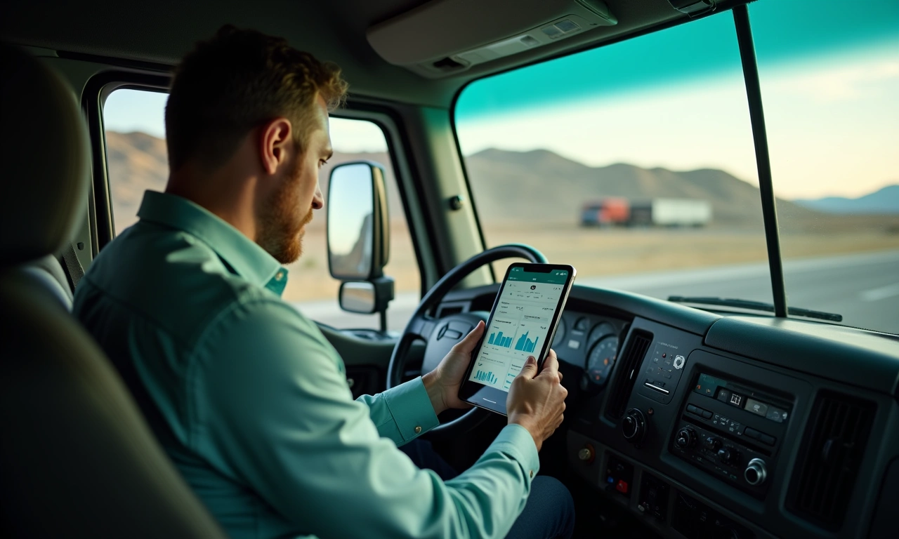 Commercial truck cab interior with fleet management tablet
