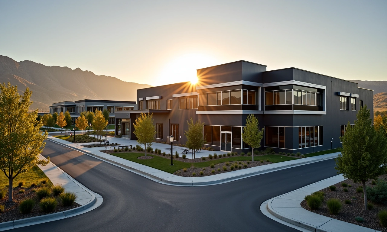 Orem Utah commercial district with Mountain view at sunrise, cinematic editorial wide-angle photography