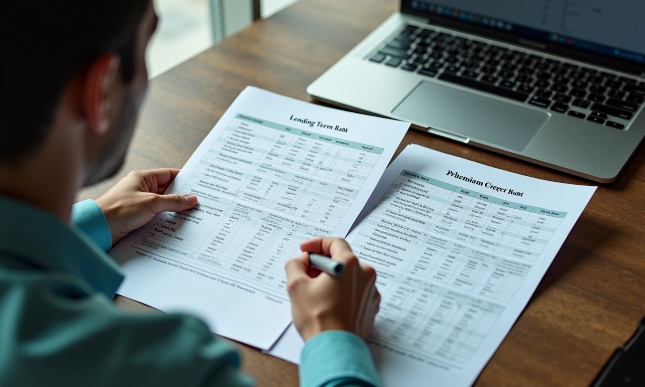 Business owner comparing a bank term sheet and a private credit term sheet side by side at a desk with a rate comparison spreadsheet open