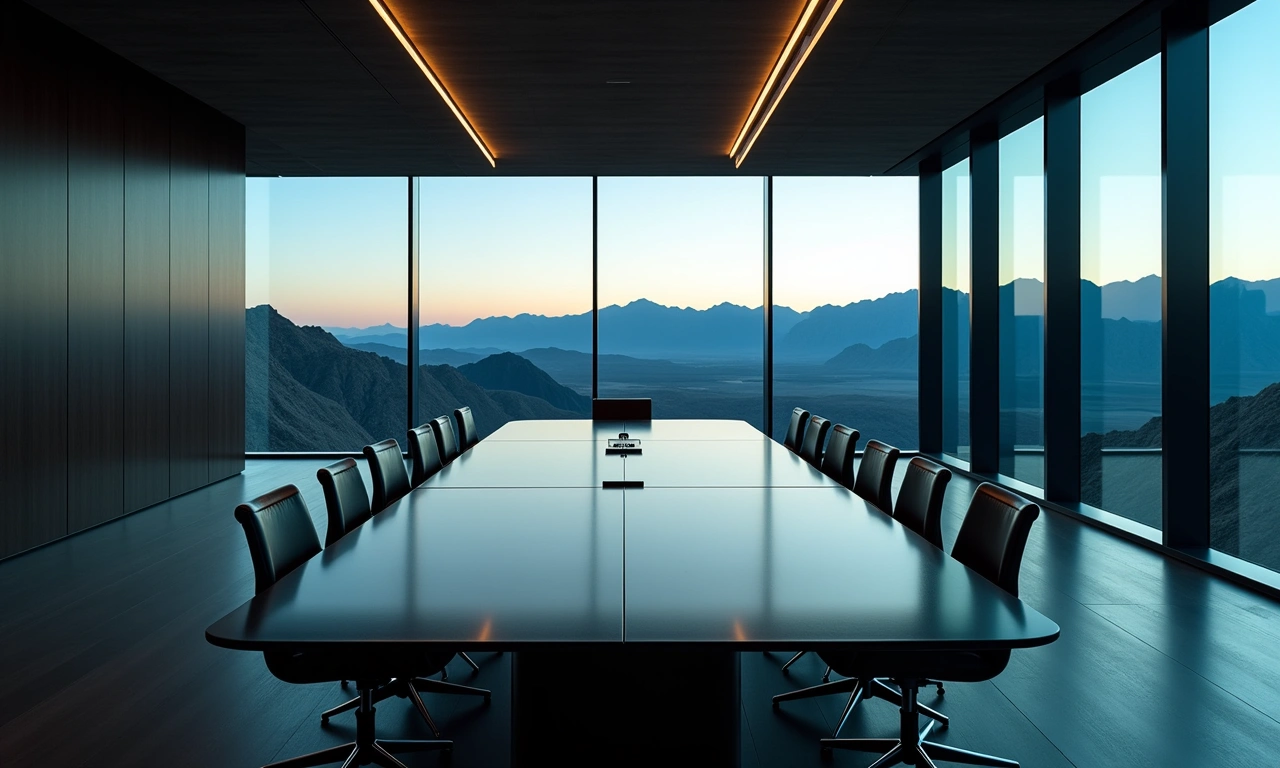 Sleek modern private equity boardroom with panoramic windows overlooking Utah mountain range