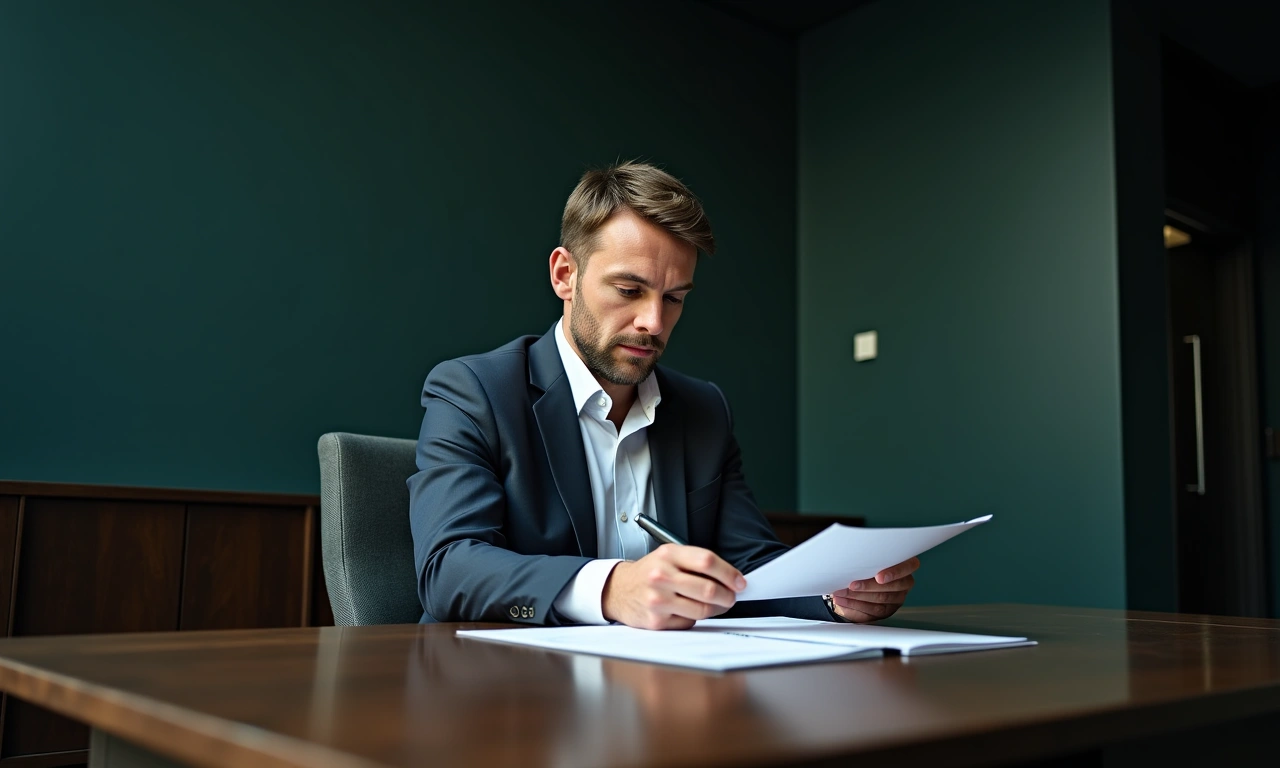 Business founder and private credit fund manager reviewing financing term sheet at executive desk