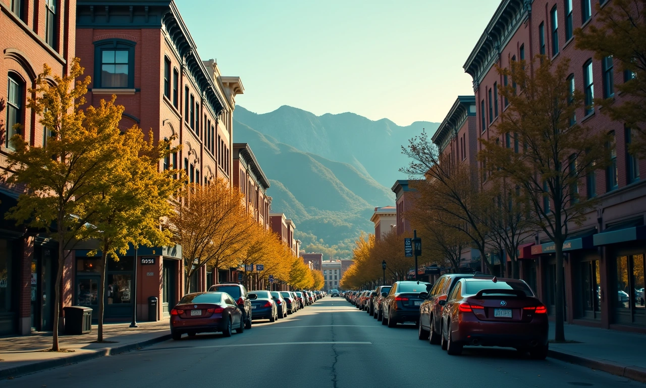 Provo Utah downtown commercial district and Wasatch Mountains at dusk, cinematic editorial