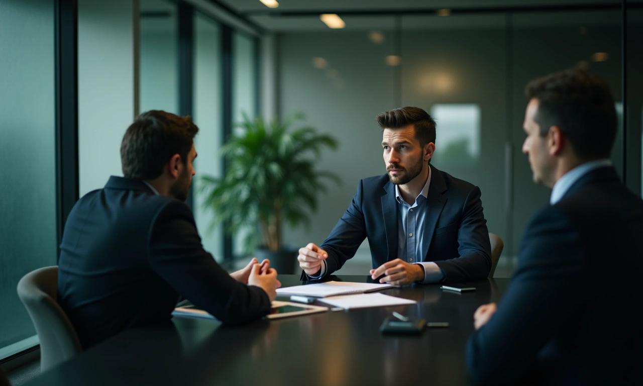 Utah business executive reviewing standby credit line documentation with advisor in professional office setting