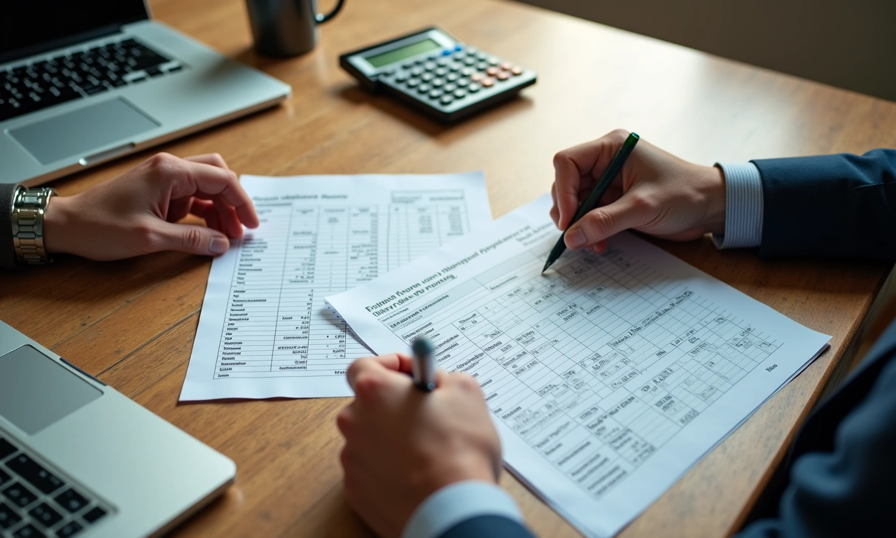 Business owner at a wood desk comparing two loan payoff statements with a calculator and a handwritten break-even worksheet beside a laptop showing an amortization spreadsheet