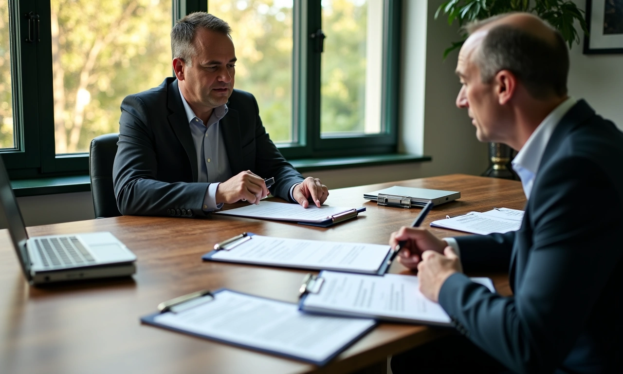 A commercial lending advisor pointing to one of three loan proposal folders spread across a wood conference table while a small business owner leans forward reading the terms