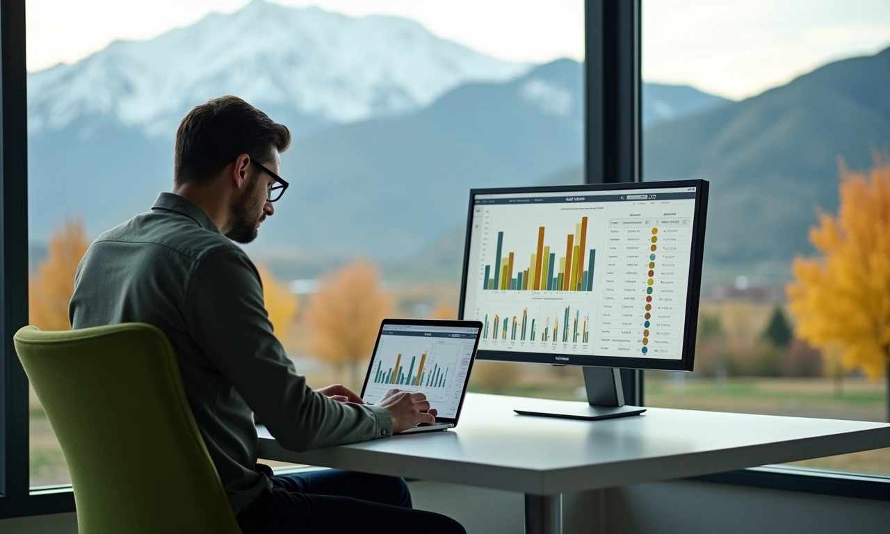 Utah business owner reviewing seasonal revenue charts with mountain landscape view