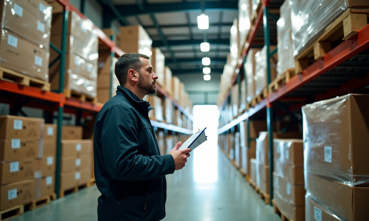 Warehouse manager checking stacked pallets of seasonal inventory before a peak-season build