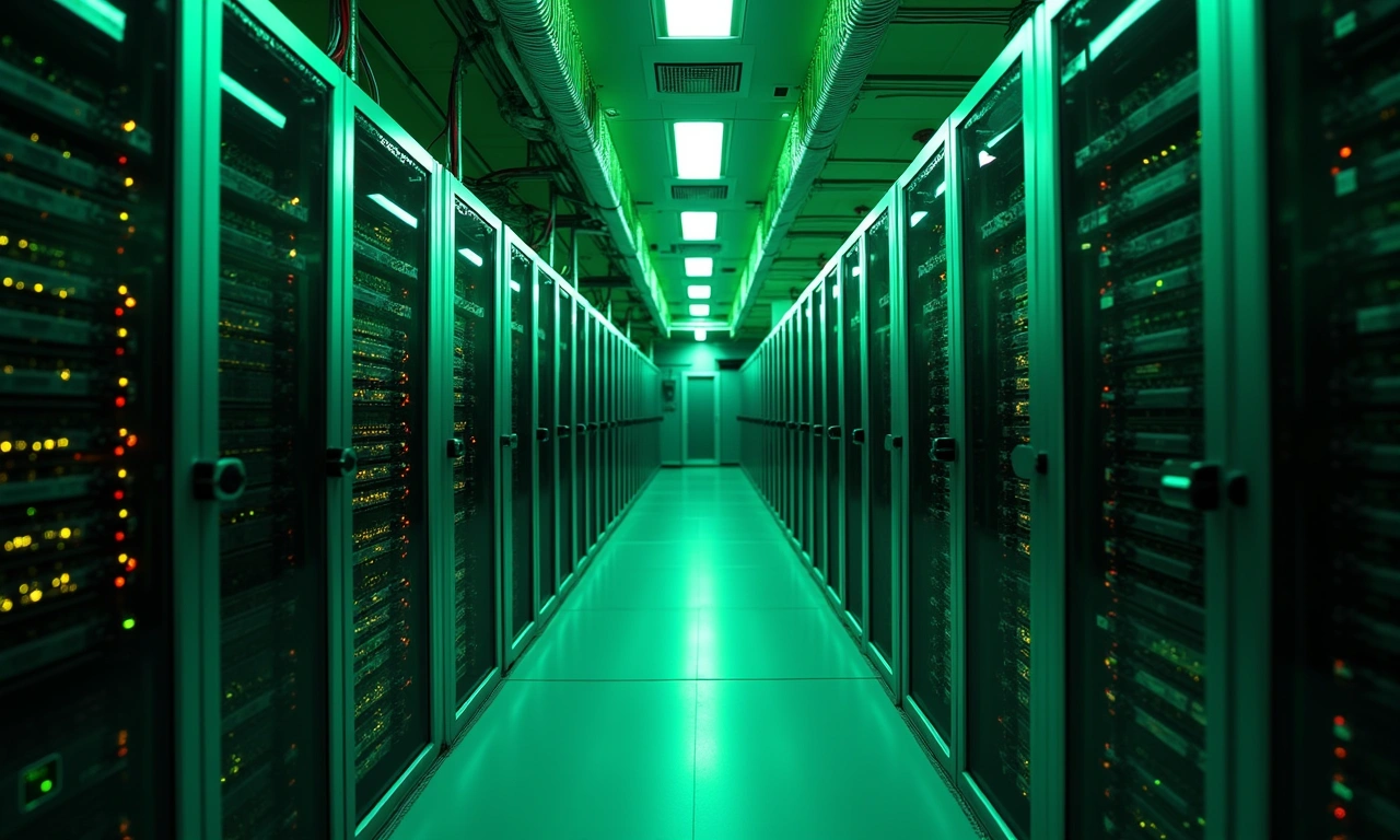 Data security server room with hunter green LED lighting