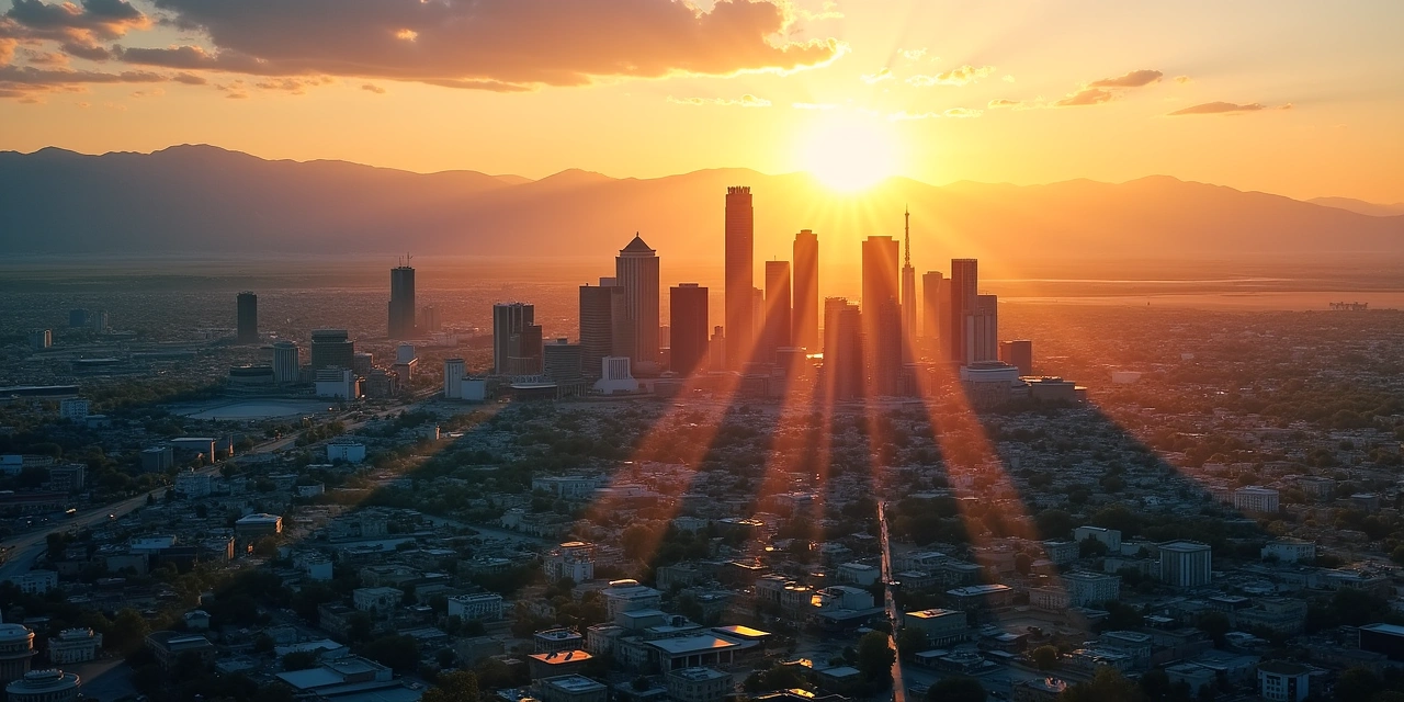 Sunset skyline of a Utah downtown business district with sun rays over the city