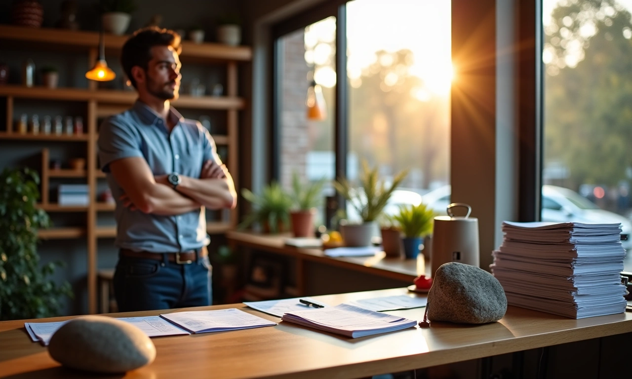 Small business owner at a shop desk at dawn with an open ledger and an unopened bank credit-line offer, invoices stacked nearby