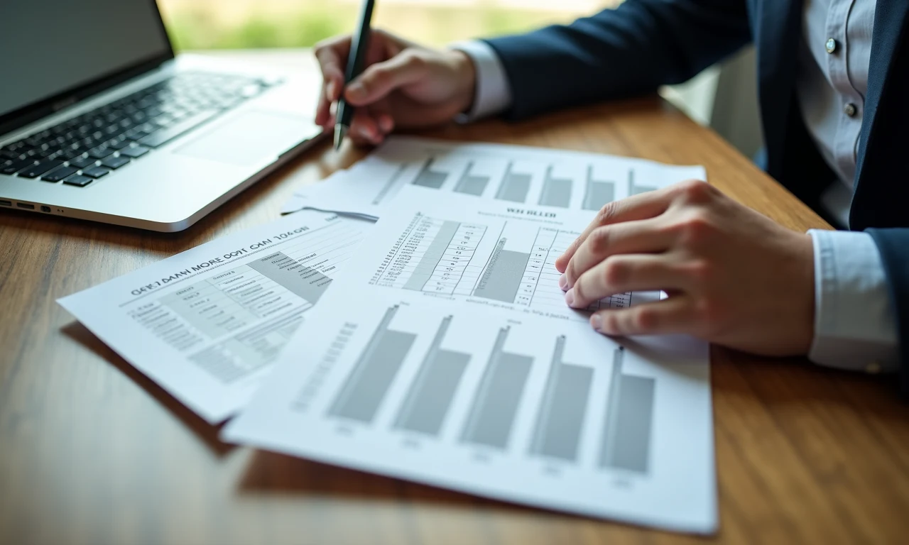 Small business owner comparing three loan offers side by side on a laptop and paper worksheet