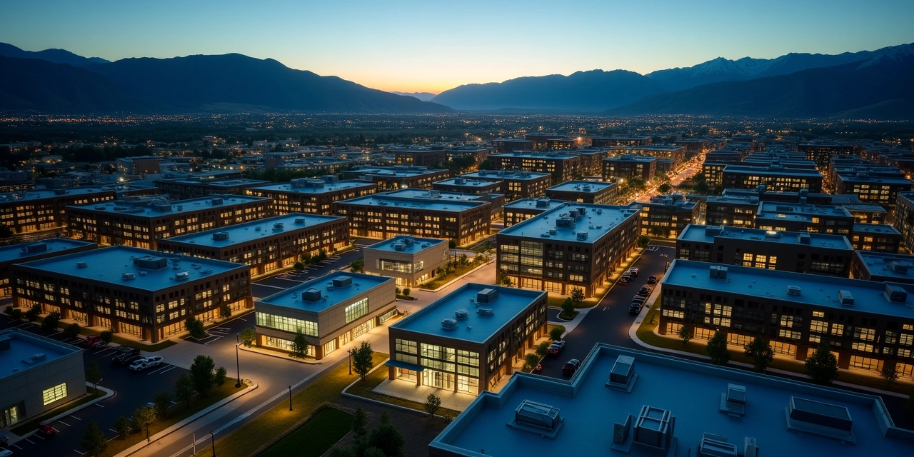 Aerial dusk view of a Utah business district skyline with the Wasatch mountains in the background