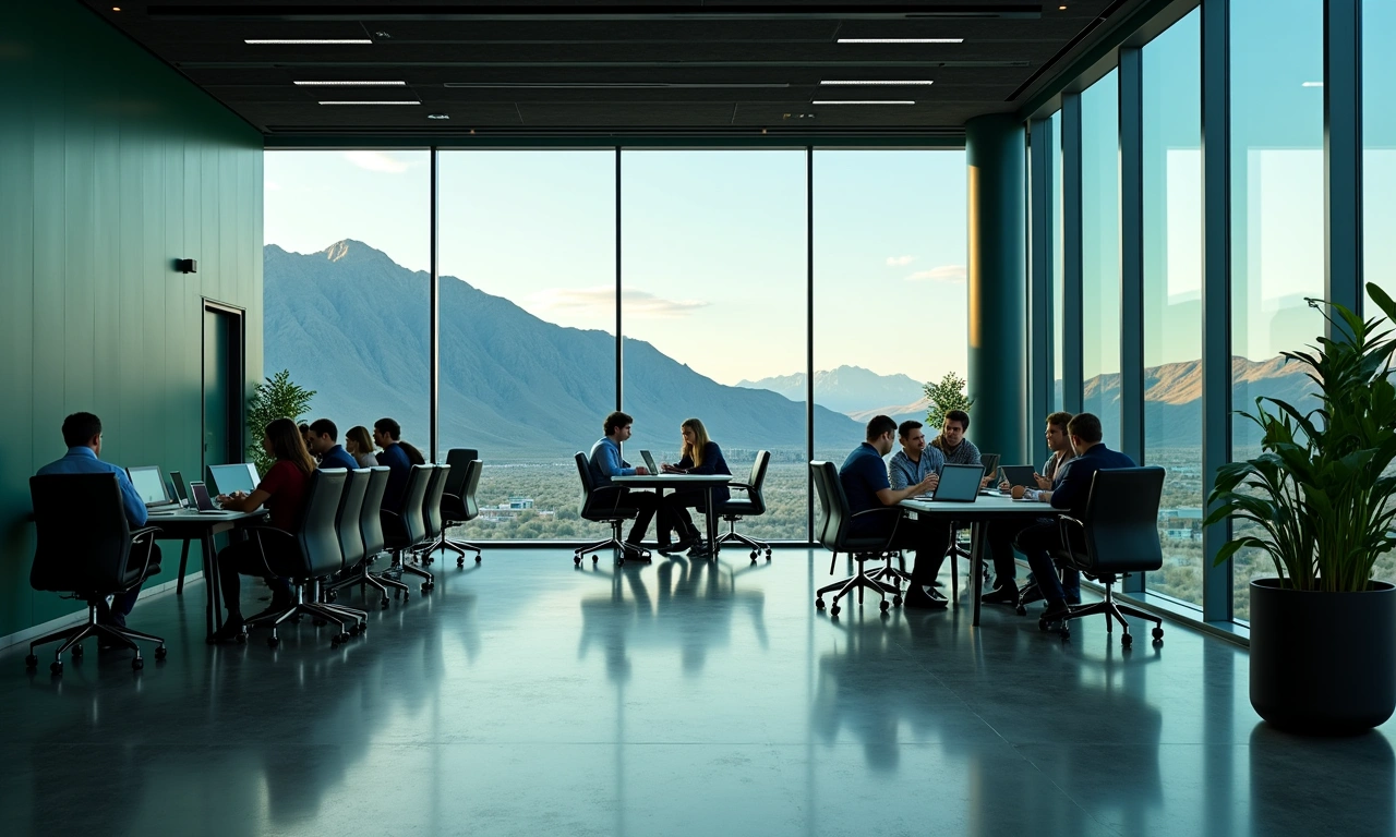 Modern tech campus in Silicon Slopes Utah with Wasatch mountains behind at dusk, cinematic architectural editorial