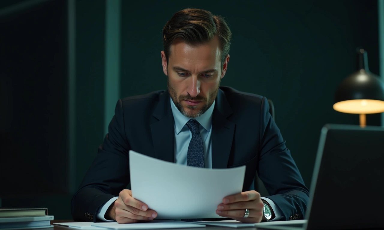 Business executive reviewing personal financial profile and credit documents at executive desk