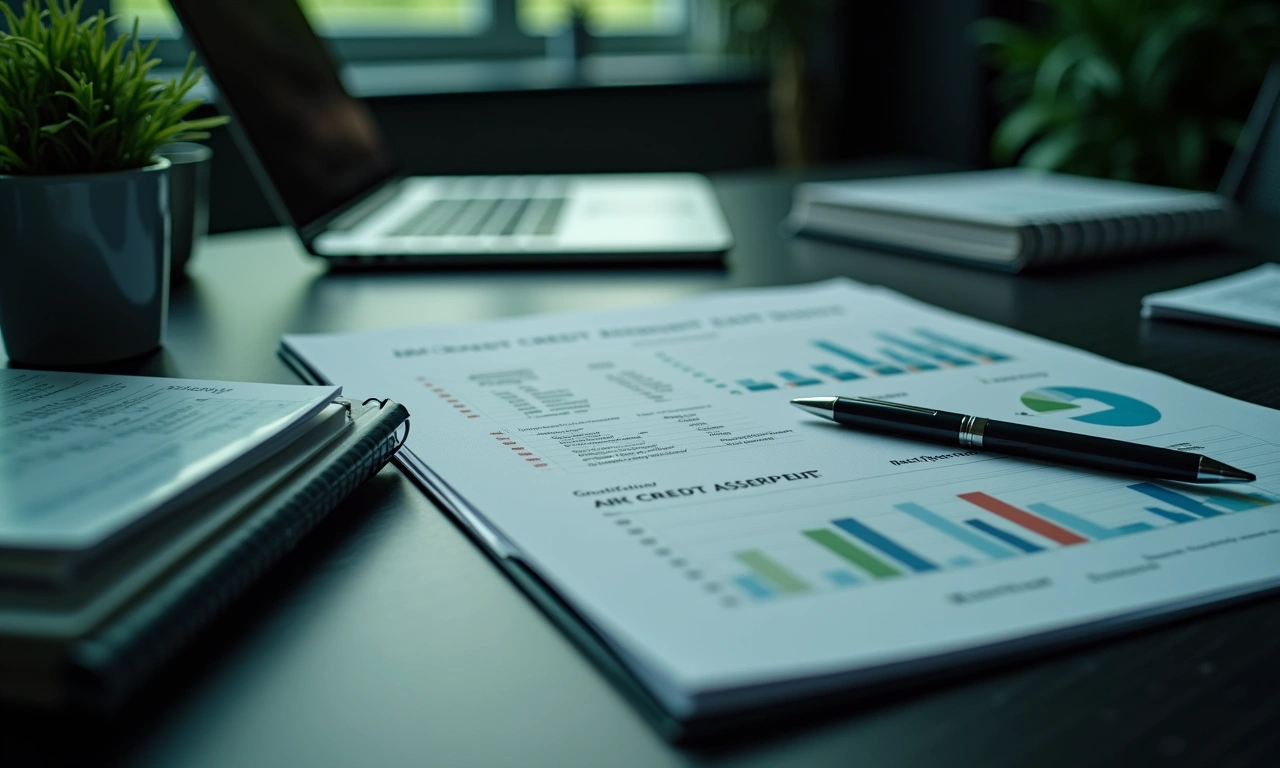 Business credit assessment documents and financial history files organized on executive desk