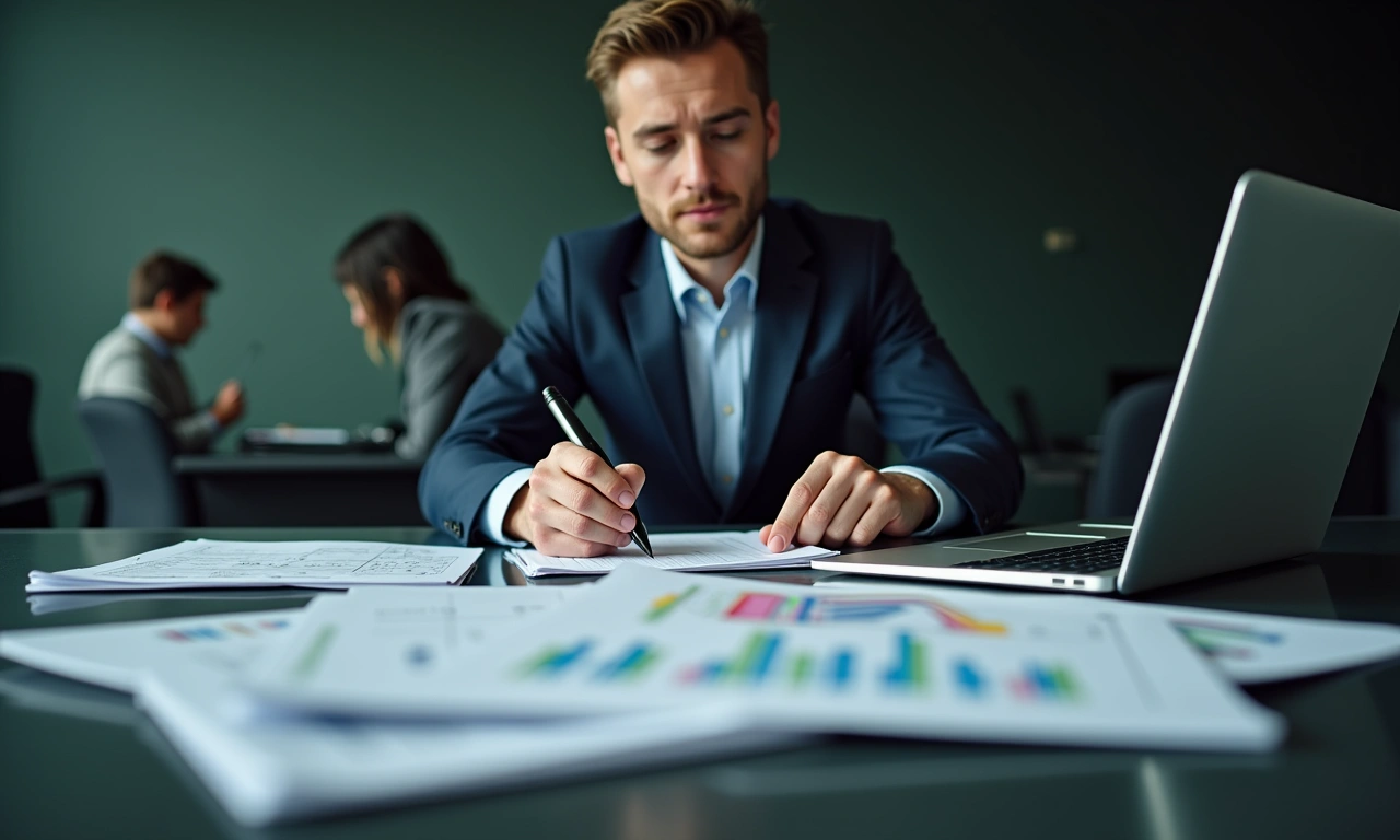 Bank underwriter reviewing business line of credit application with financial statements and credit report