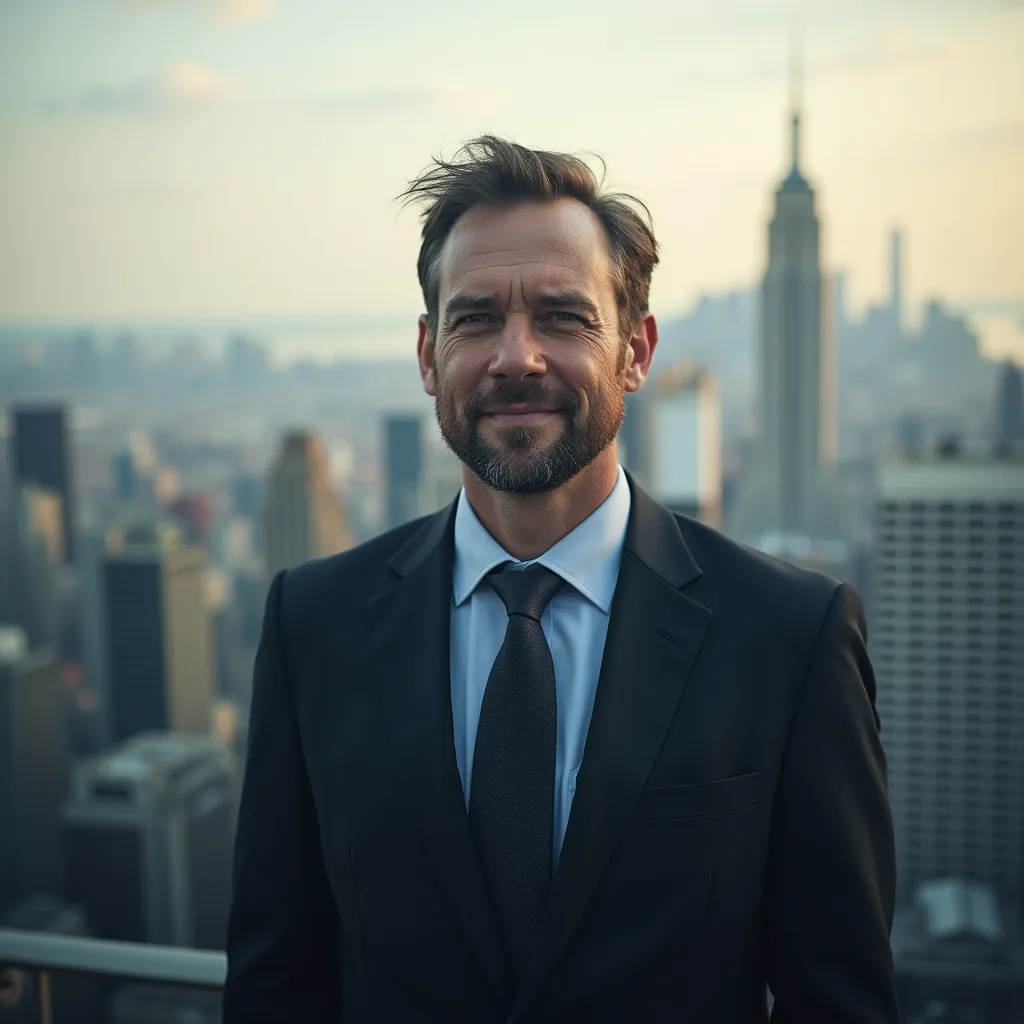 a man in a suit and tie standing on a balcony overlooking a city