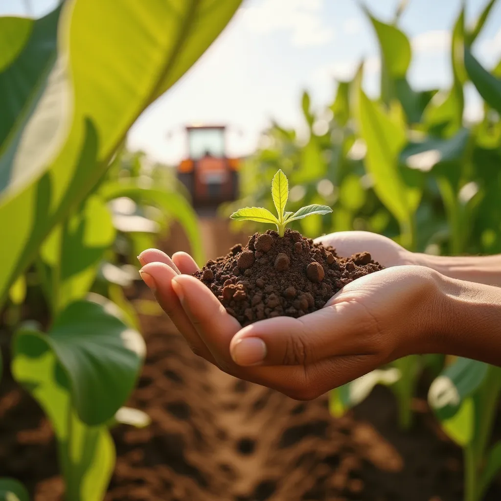 a person holding a handful of dirt with a small plant in the background