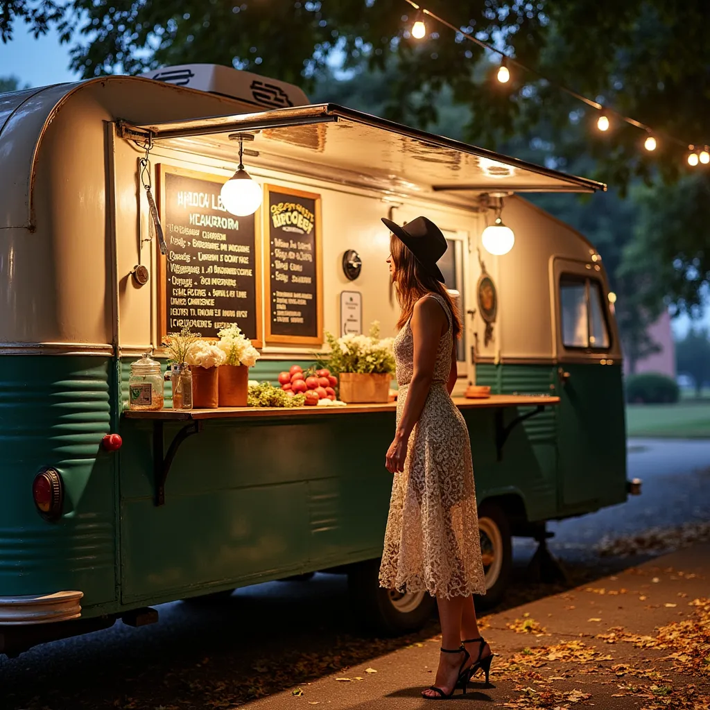 a woman standing in front of a food truck