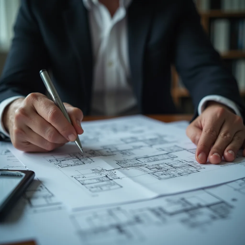 a person holding a pen and looking at a blueprint