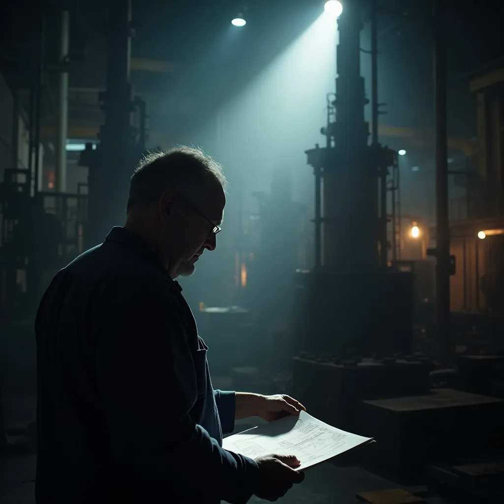 a man reading a paper in a factory