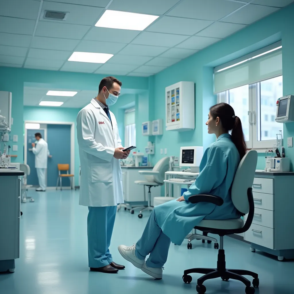 a man in a white coat and a woman in a blue room