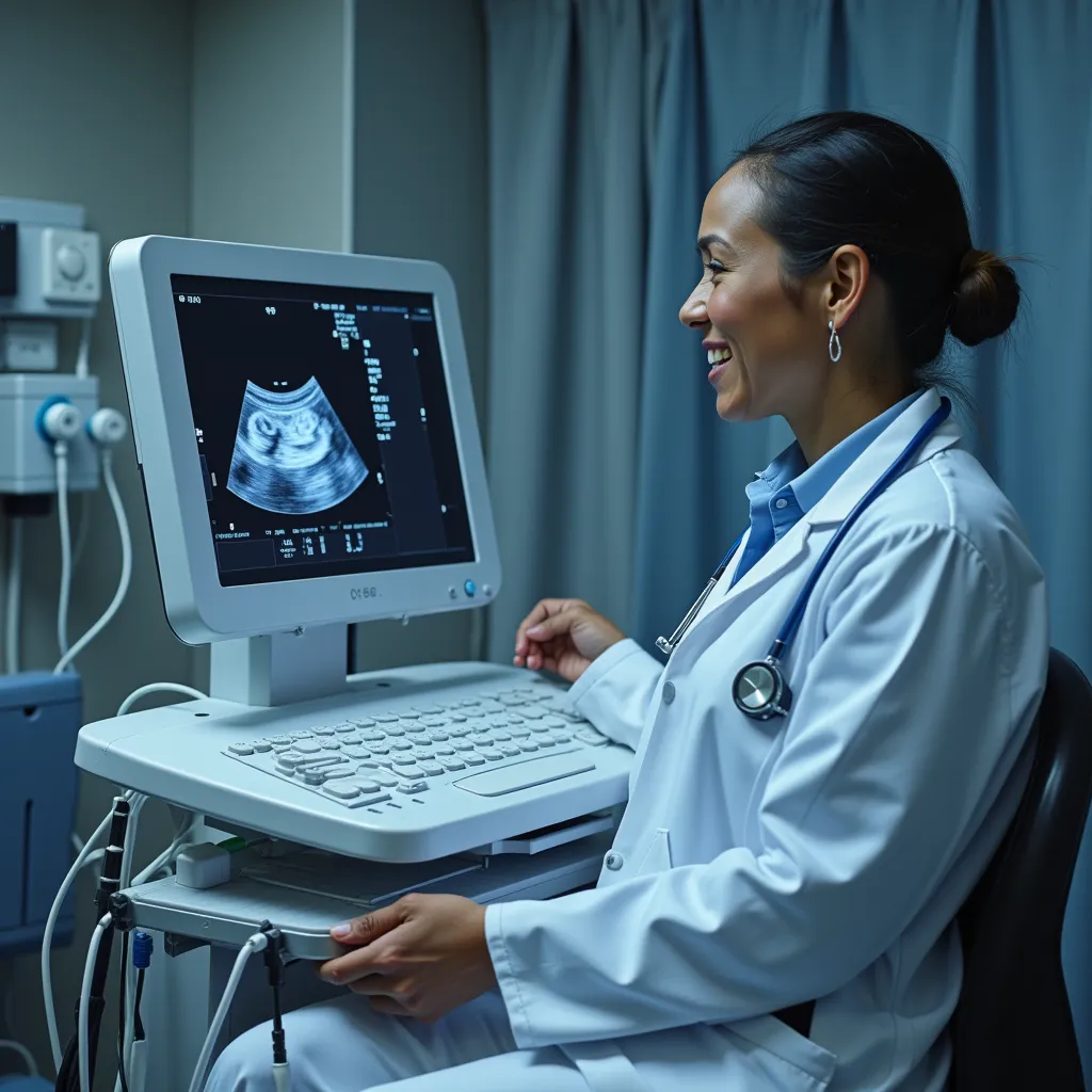 a woman in a white lab coat and stethoscope sitting in front of a computer